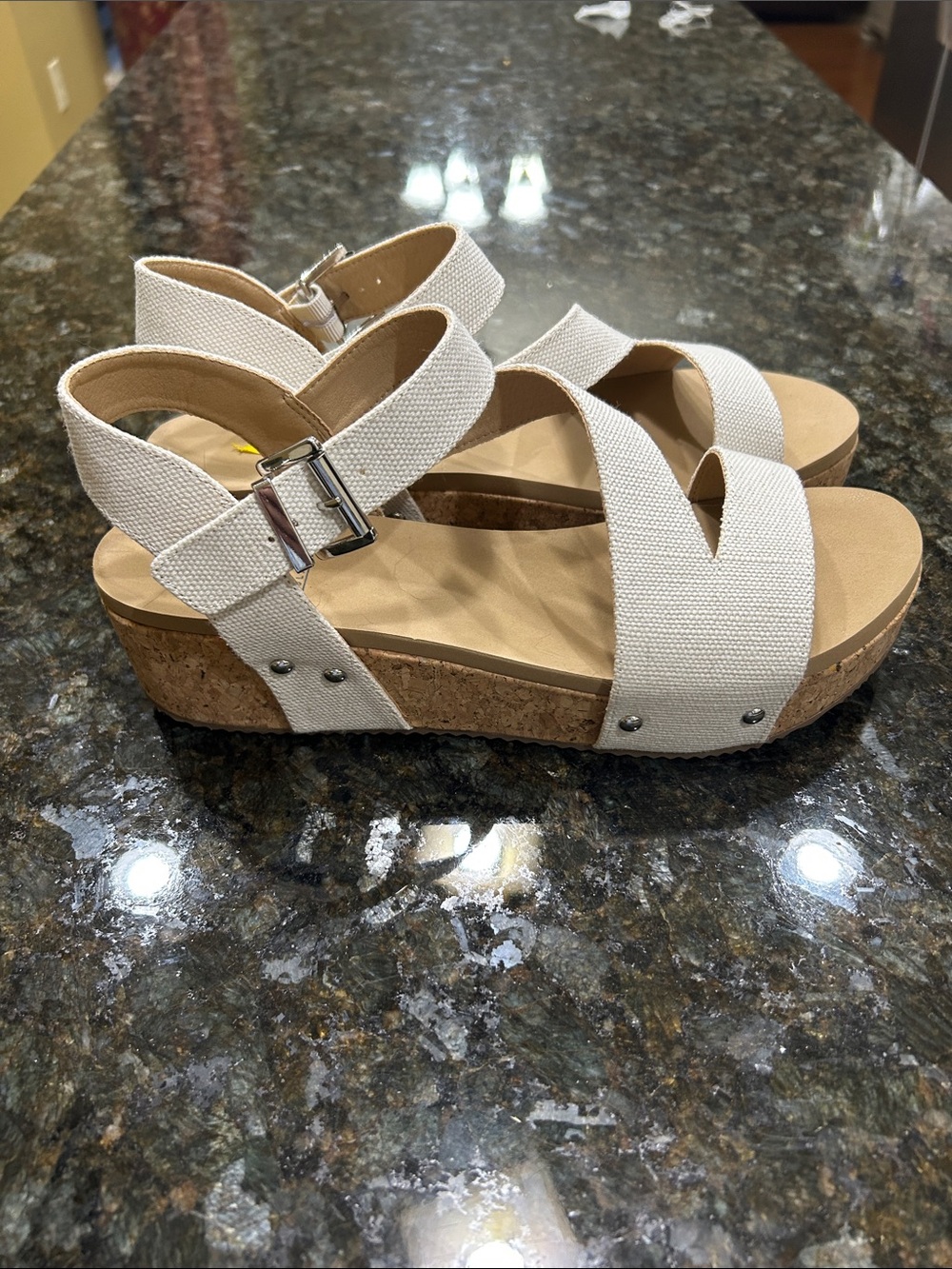 Volatile Cream Canvas Cross-Strap Cork Wedge Sandals. WORN ONE TIME.